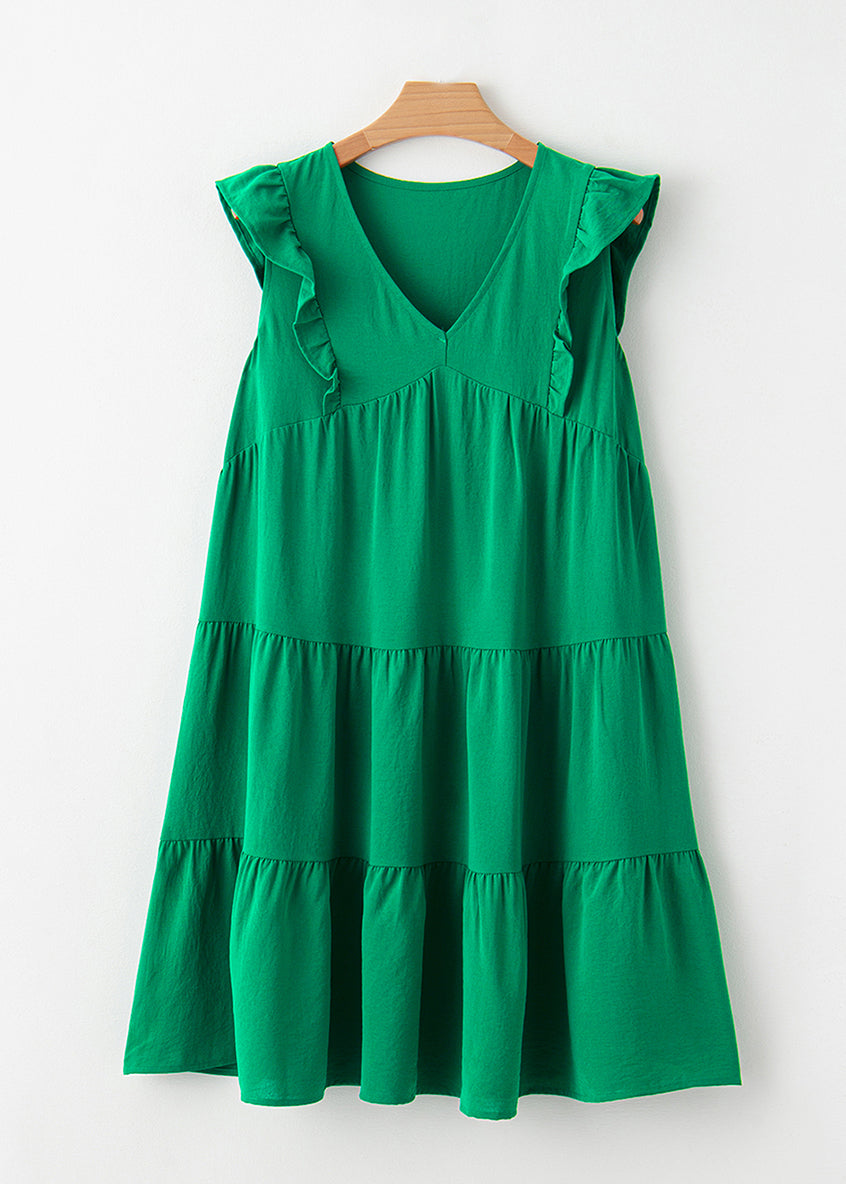 Dresses Patchwork Mid Summe Solid Green Loose Neck V