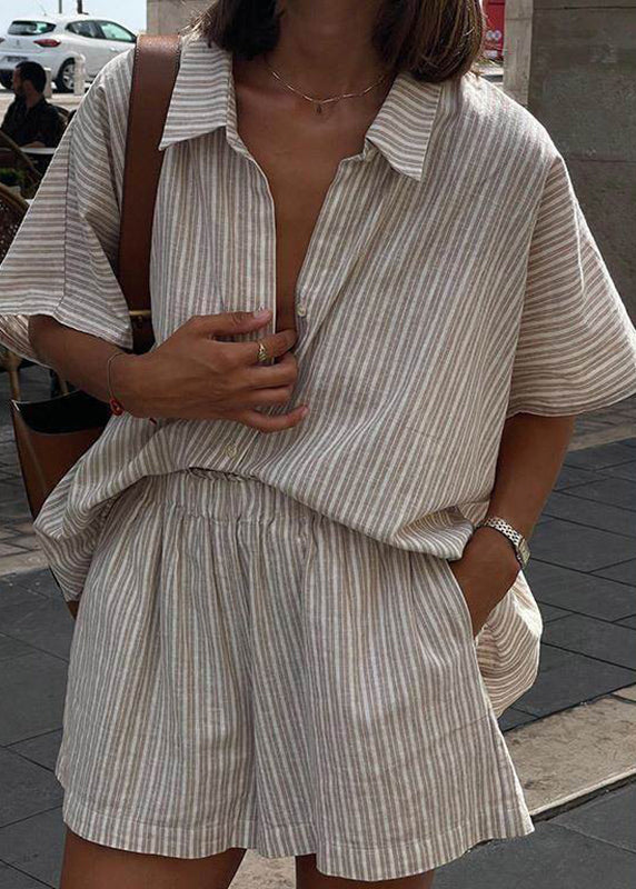 Set Short Pieces Shirts Peter Striped Collar And Shorts Khaki Pan Loose Sleeve Two