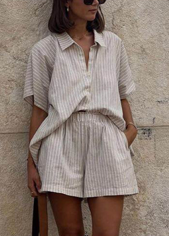 Set Short Pieces Shirts Peter Striped Collar And Shorts Khaki Pan Loose Sleeve Two