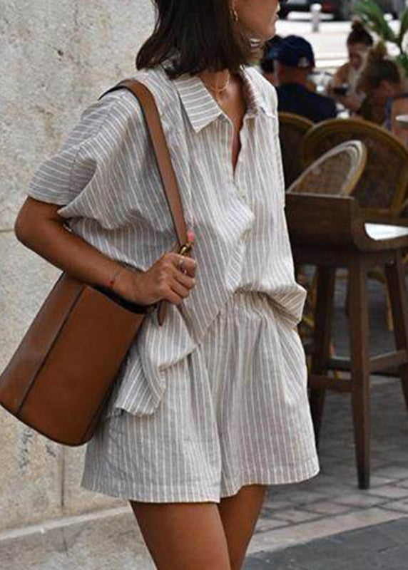 Set Short Pieces Shirts Peter Striped Collar And Shorts Khaki Pan Loose Sleeve Two