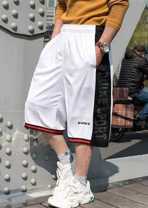 Loose White Men Waist Summer Pockets Elastic Patchwork Basketball Shorts