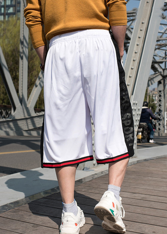 Loose White Men Waist Summer Pockets Elastic Patchwork Basketball Shorts