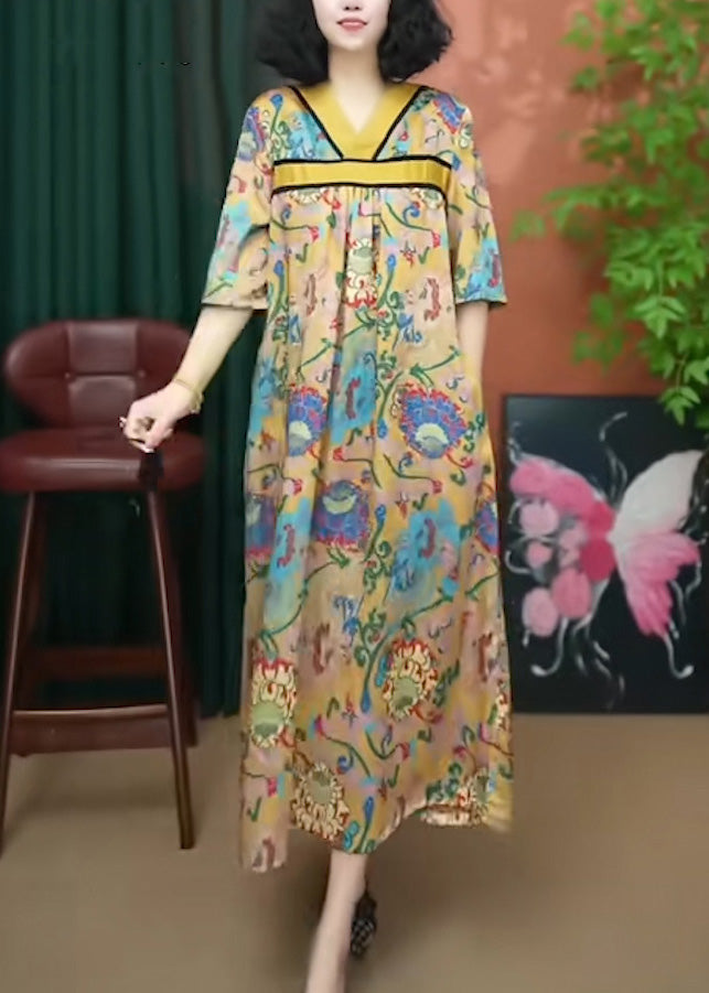 Print V Dresses Cotton Loose Yellow Neck Summer Long