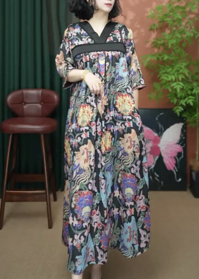 Print V Dresses Cotton Loose Yellow Neck Summer Long