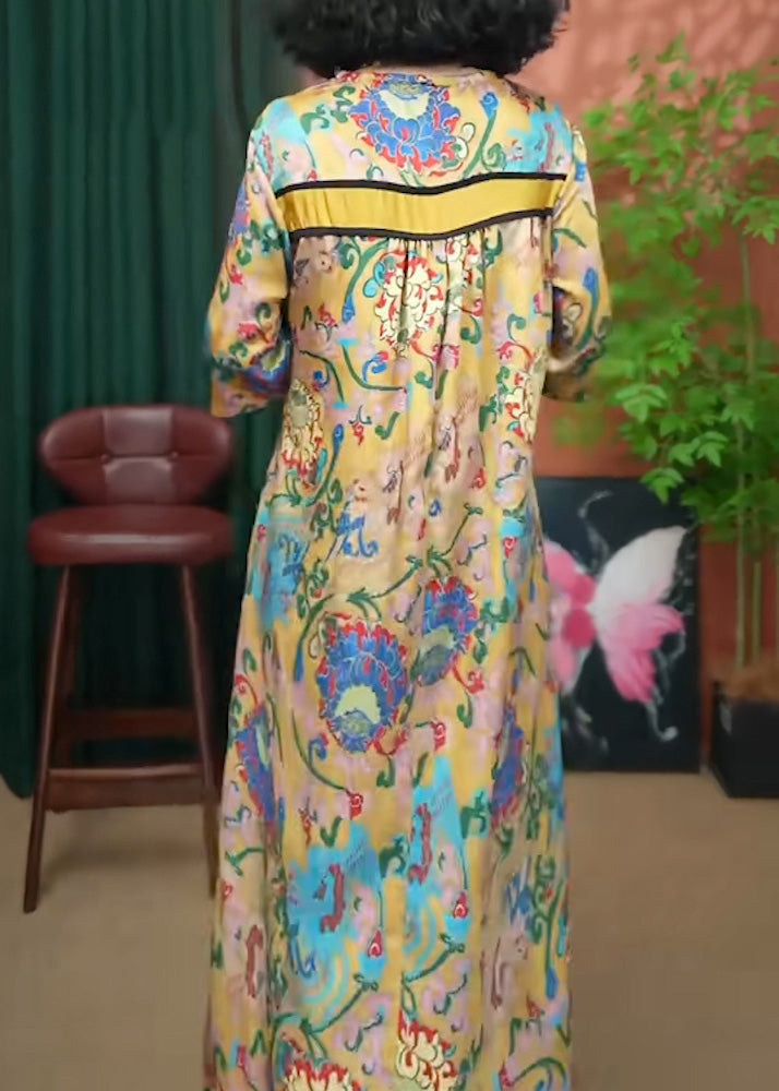 Print V Dresses Cotton Loose Yellow Neck Summer Long