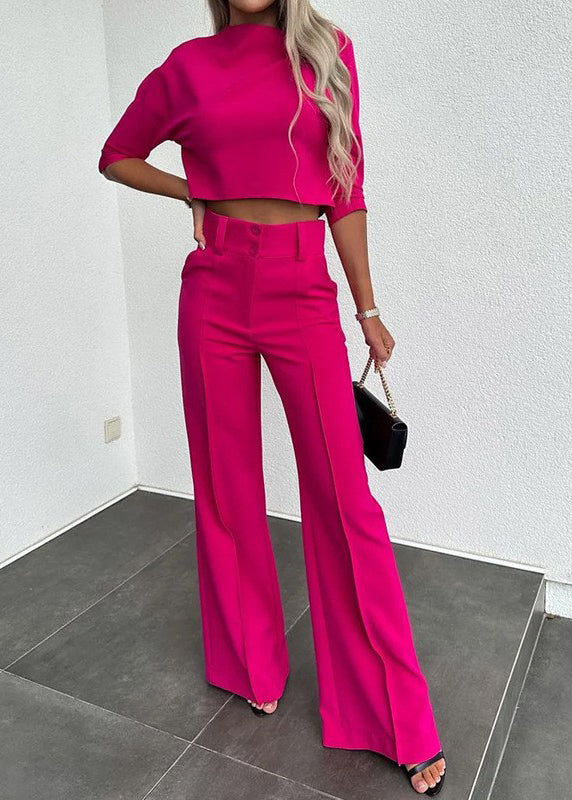 Solid Leg Pants Fall Modern Two Pieces Black Top And Wide Set