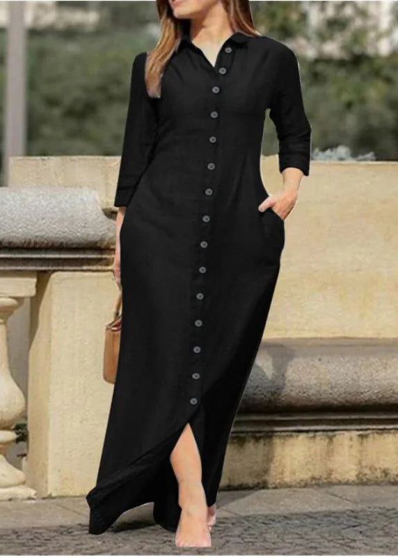 Collar Fall Shirts Long Dress Black Peter Pan Button Natural
