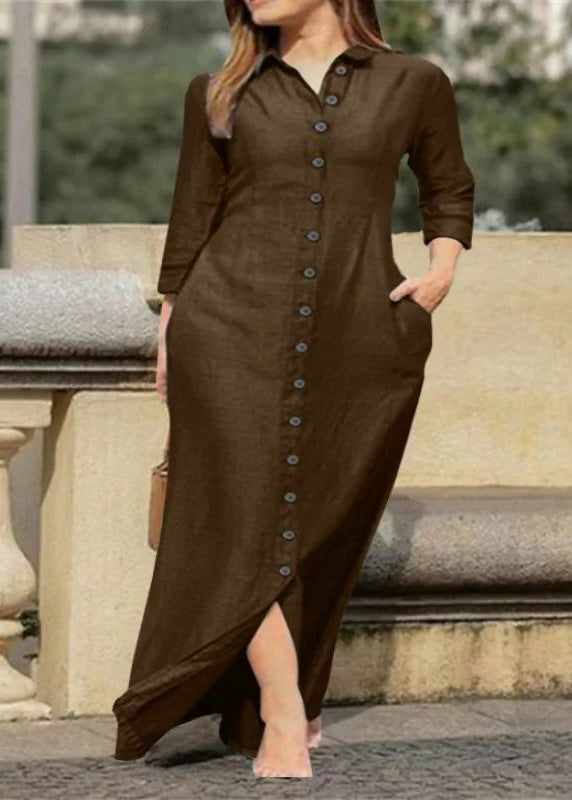 Collar Fall Shirts Long Dress Black Peter Pan Button Natural