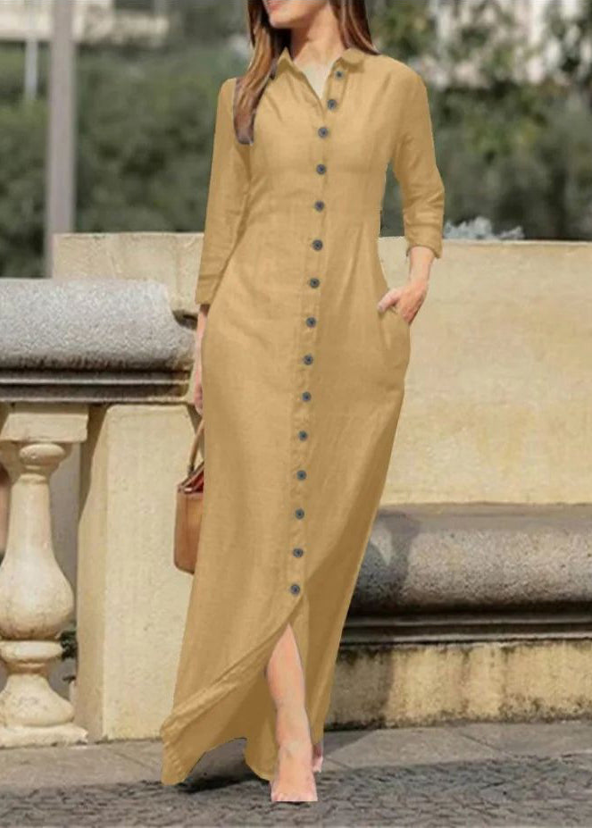 Collar Fall Shirts Long Dress Black Peter Pan Button Natural