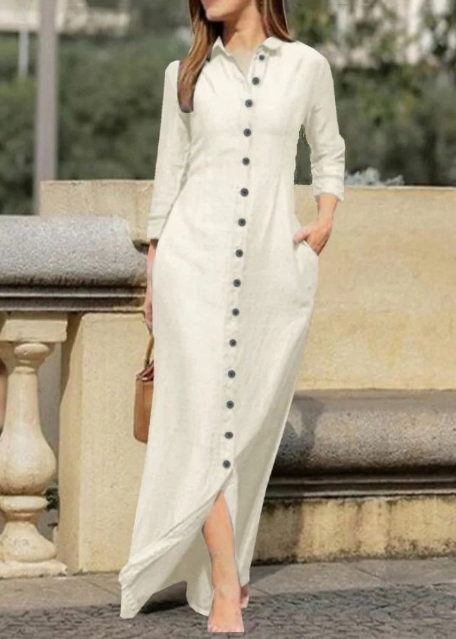 Collar Fall Shirts Long Dress Black Peter Pan Button Natural