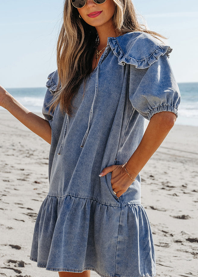 Patchwork Collar Denim Blue Dresses Sailor Mid Summer Natural