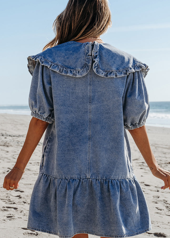 Patchwork Collar Denim Blue Dresses Sailor Mid Summer Natural