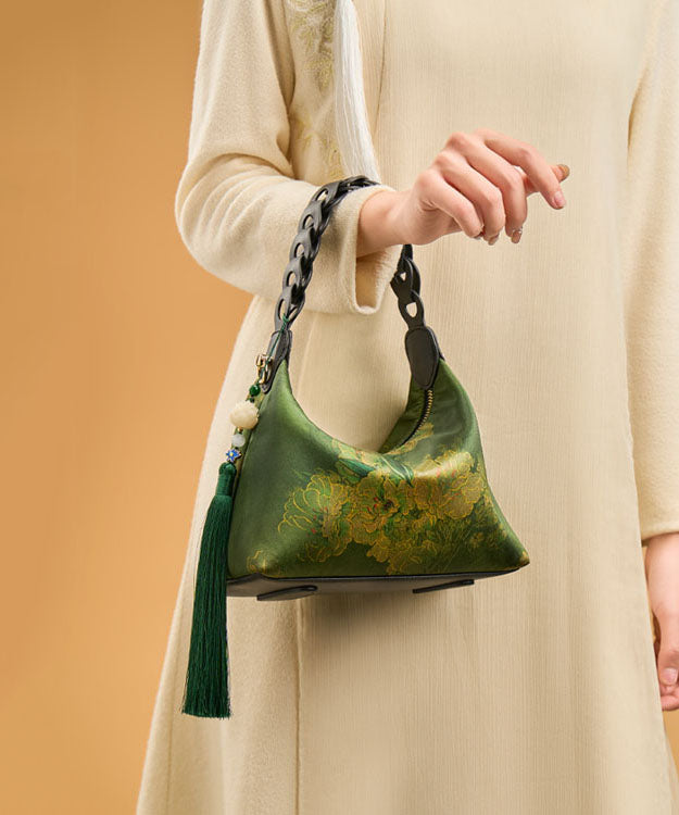 Tote Silk Print Retro Bag Green Tassel New Blackish
