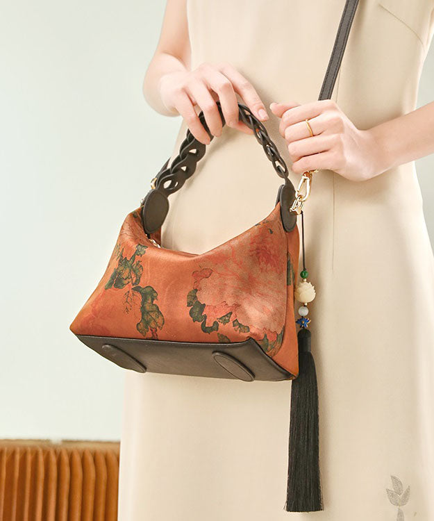 Tote Silk Print Retro Bag Green Tassel New Blackish