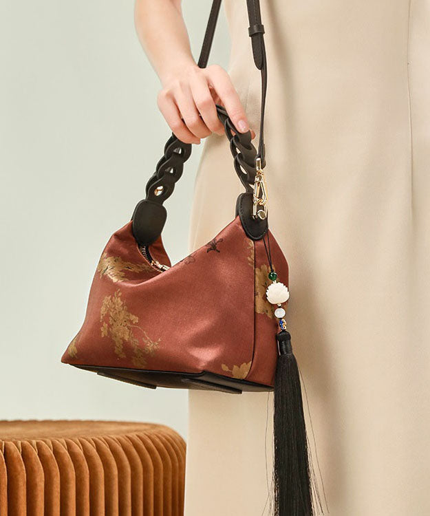 Tote Silk Print Retro Bag Green Tassel New Blackish