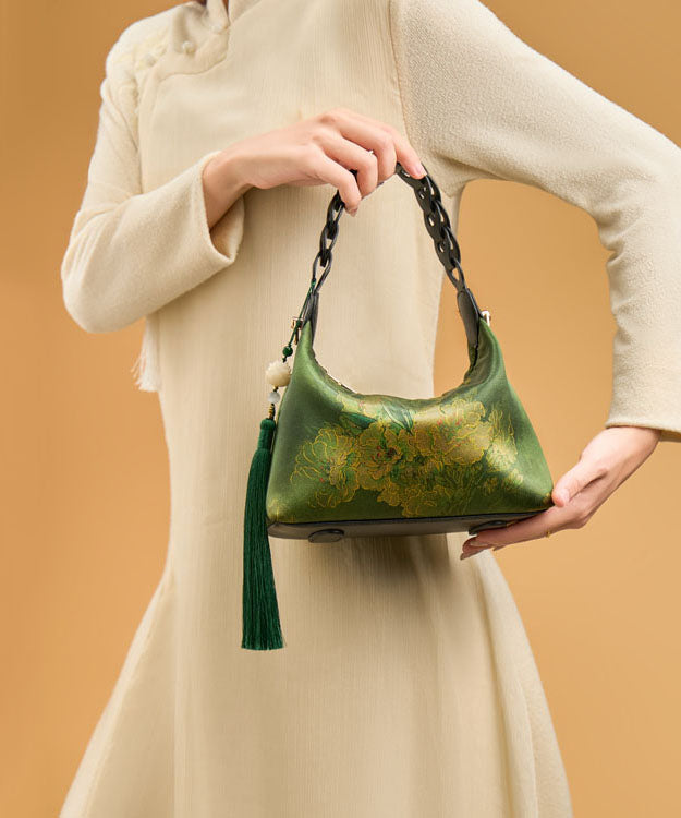 Tote Silk Print Retro Bag Green Tassel New Blackish