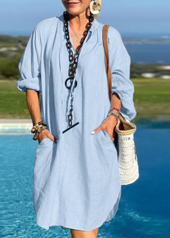 Vacation Dresses Blue Mid Light Patchwork Pockets V Neck Organic