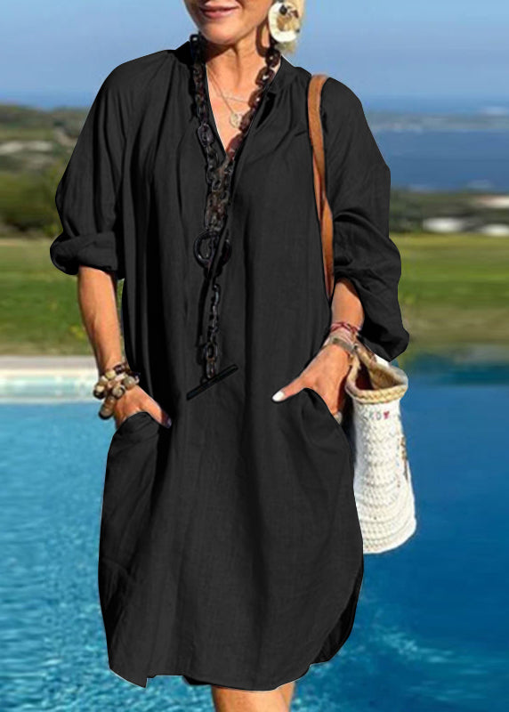 Vacation Dresses Blue Mid Light Patchwork Pockets V Neck Organic