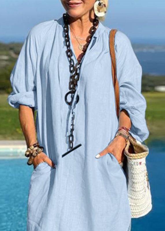 Vacation Dresses Blue Mid Light Patchwork Pockets V Neck Organic