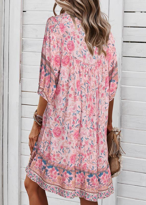 Summer Dress Wrinkled Patchwork Holiday Mid Organic Pink