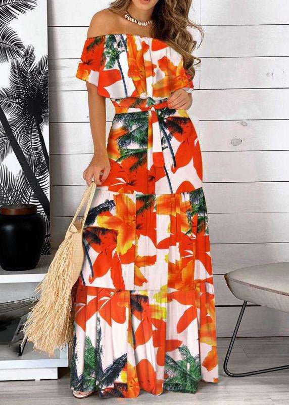 Red Summer Neck Organic Tunic Dresses Long Patchwork Slash