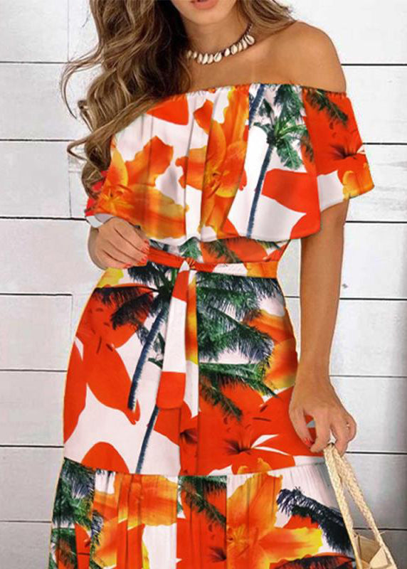 Red Summer Neck Organic Tunic Dresses Long Patchwork Slash