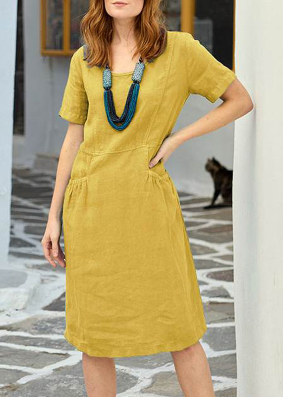 Organic Short Long Sleeve Yellow Solid Pockets Patchwork Dress