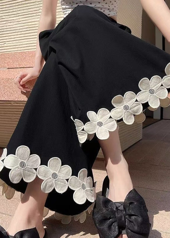 Floral Leg Black Original Pants Cotton Design Wide Patchwork