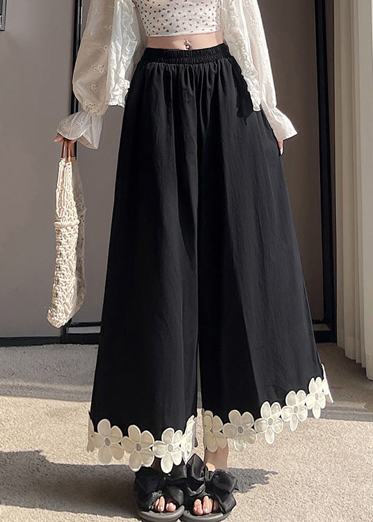 Floral Leg Black Original Pants Cotton Design Wide Patchwork