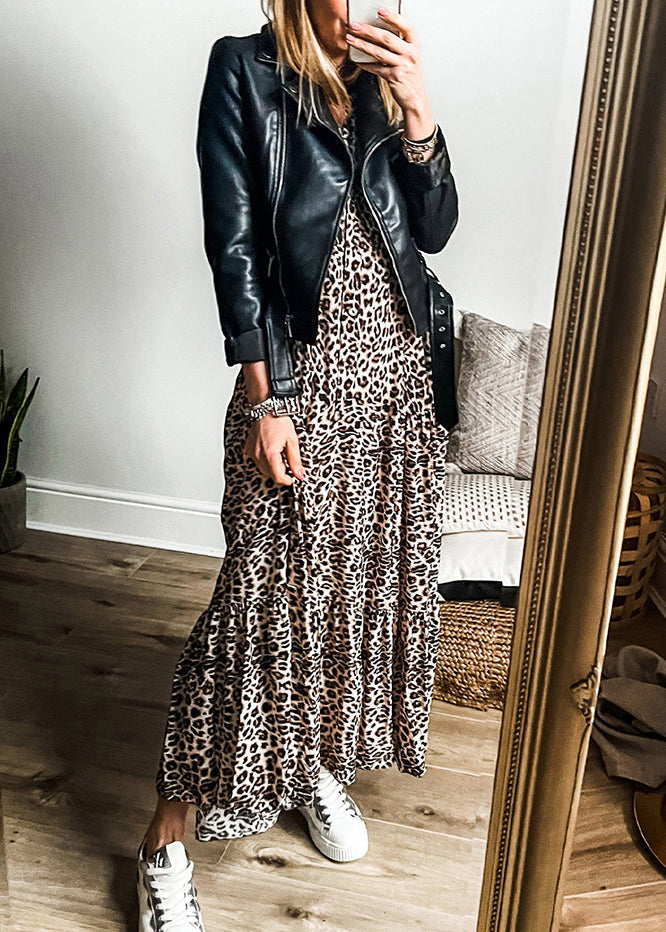 Dress Patchwork Neck Size Fall Maxi V Plus Leopard