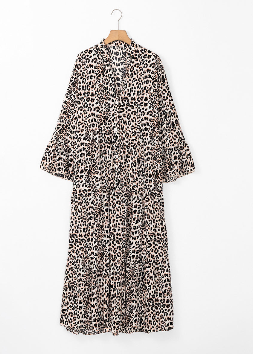 Dress Patchwork Neck Size Fall Maxi V Plus Leopard