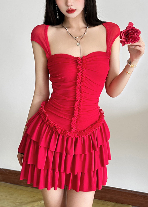 Patchwork Red Sleeve Dresses Short Ruffled Mid