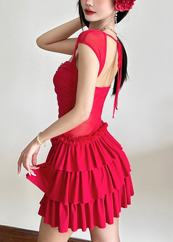 Patchwork Red Sleeve Dresses Short Ruffled Mid