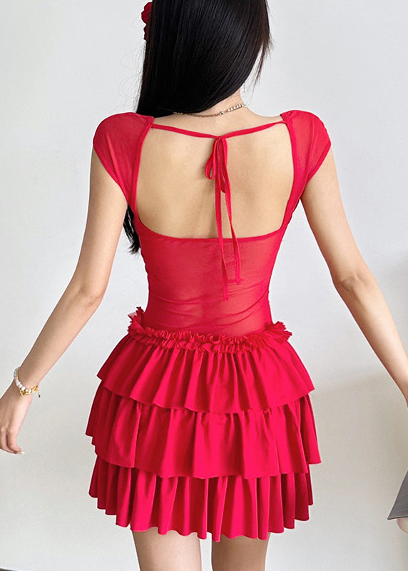 Patchwork Red Sleeve Dresses Short Ruffled Mid