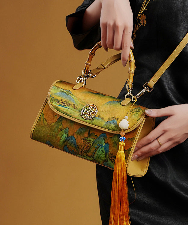 Tote Decorated Silk Yellow Bag Retro Print Tassel