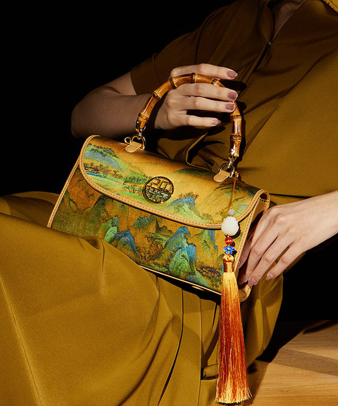 Tote Decorated Silk Yellow Bag Retro Print Tassel