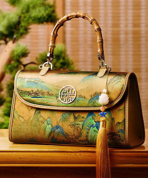 Tote Decorated Silk Yellow Bag Retro Print Tassel