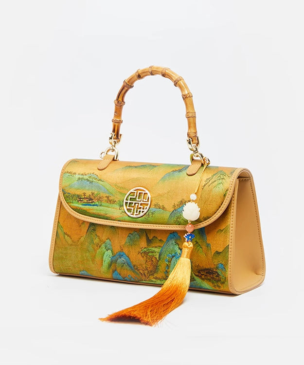 Tote Decorated Silk Yellow Bag Retro Print Tassel