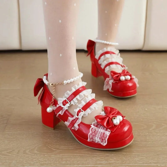 Mary Red Lolita Cosplay Pumps Jane Shoes - 31-48