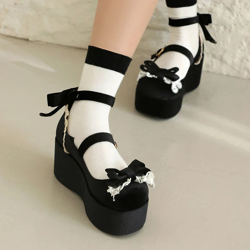 Frosted Sponge - 34-45 Cake Bow Shoes Lace Heels Lolita Flock
