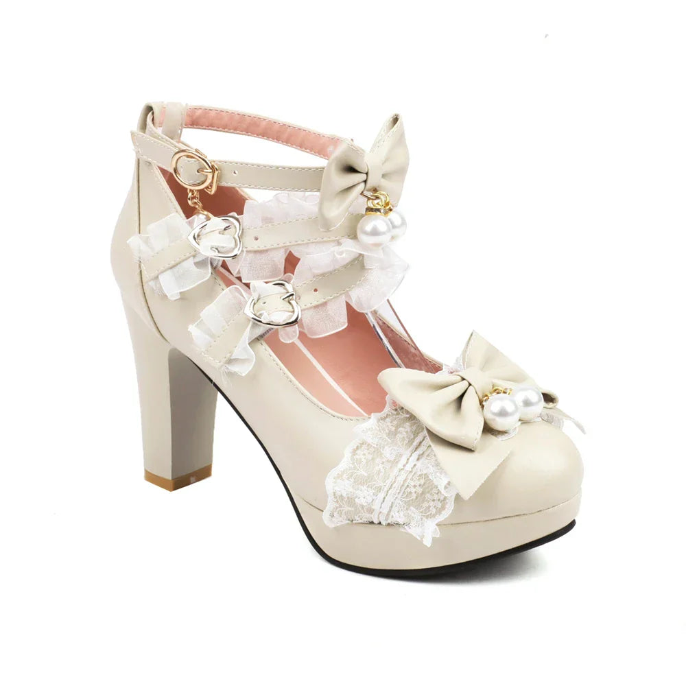 - Head Lolita 33-43 Bow Heels Pearl Round Lace Shoes