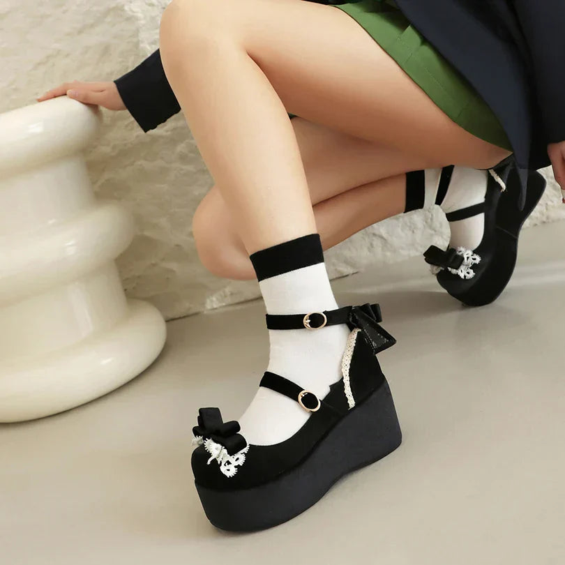 Frosted Sponge - 34-45 Cake Bow Shoes Lace Heels Lolita Flock