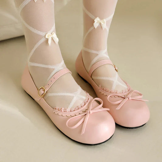 White Flats Janes Bow Pink Ballet Shoes 33-45 - Mary