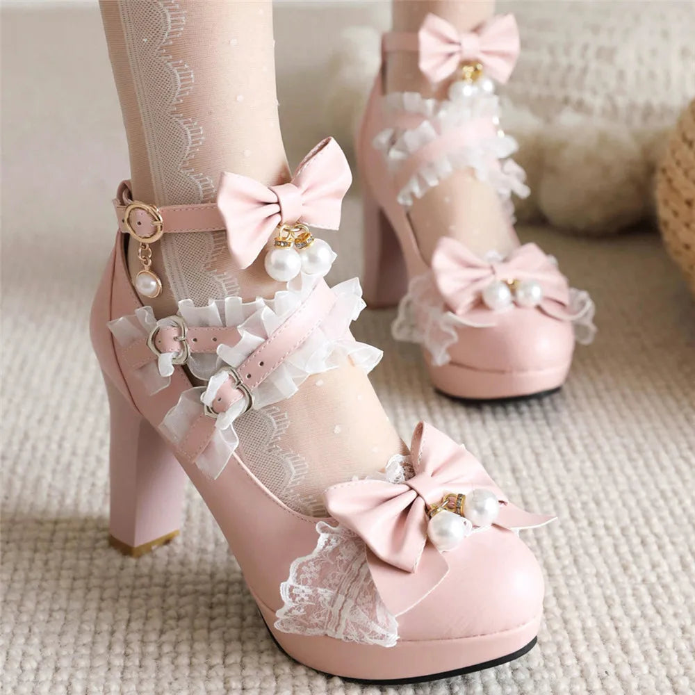- Head Lolita 33-43 Bow Heels Pearl Round Lace Shoes