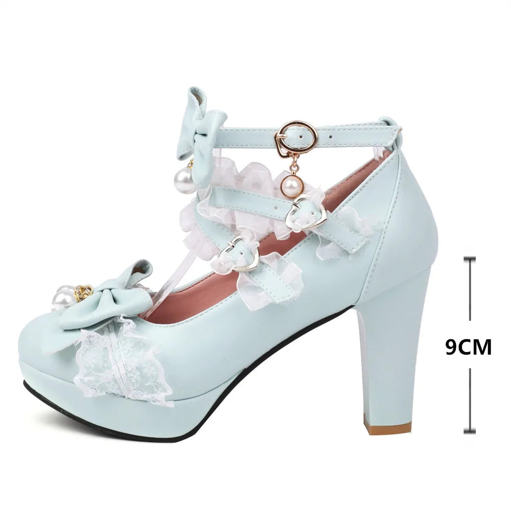 - Head Lolita 33-43 Bow Heels Pearl Round Lace Shoes
