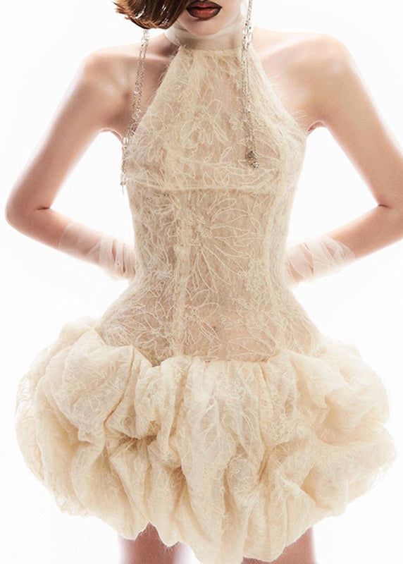 Sexy Apricot Dress Patchwork Sleeveless Lace Mid Turtleneck