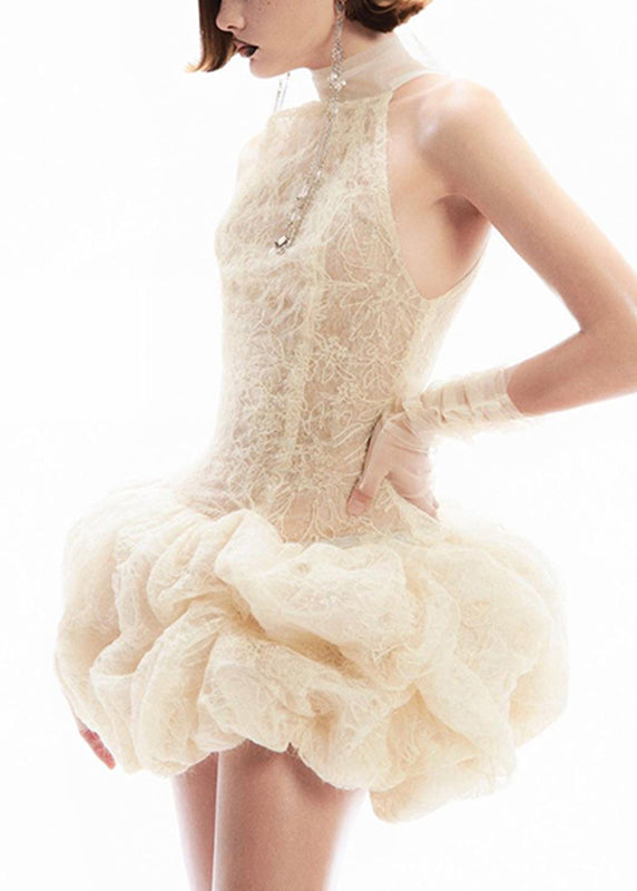 Sexy Apricot Dress Patchwork Sleeveless Lace Mid Turtleneck