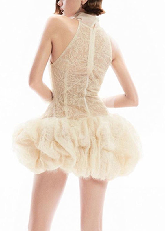 Sexy Apricot Dress Patchwork Sleeveless Lace Mid Turtleneck