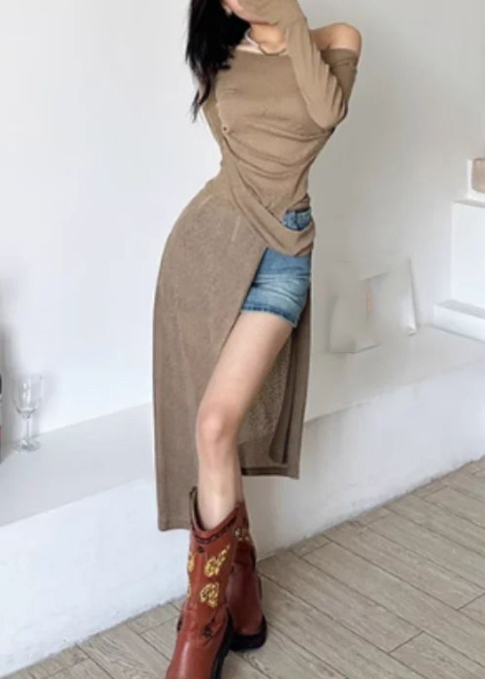 One Shoulder Sexy Silk Maxi Side Brown Dresses Asymmetrical Open