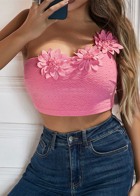 Shoulder Pink Single Camisole Flower Top With Dimensional Sexy